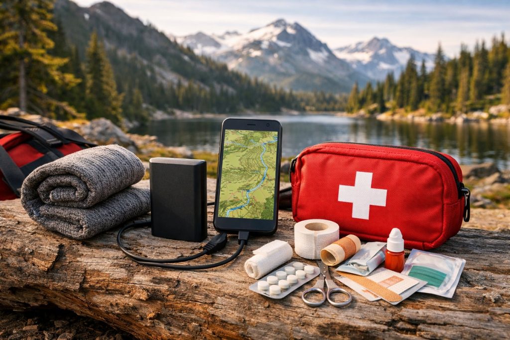 Kamp çantasında bulunması gereken ilk yardım kiti, powerbank ve çevrimdışı haritalı telefon.