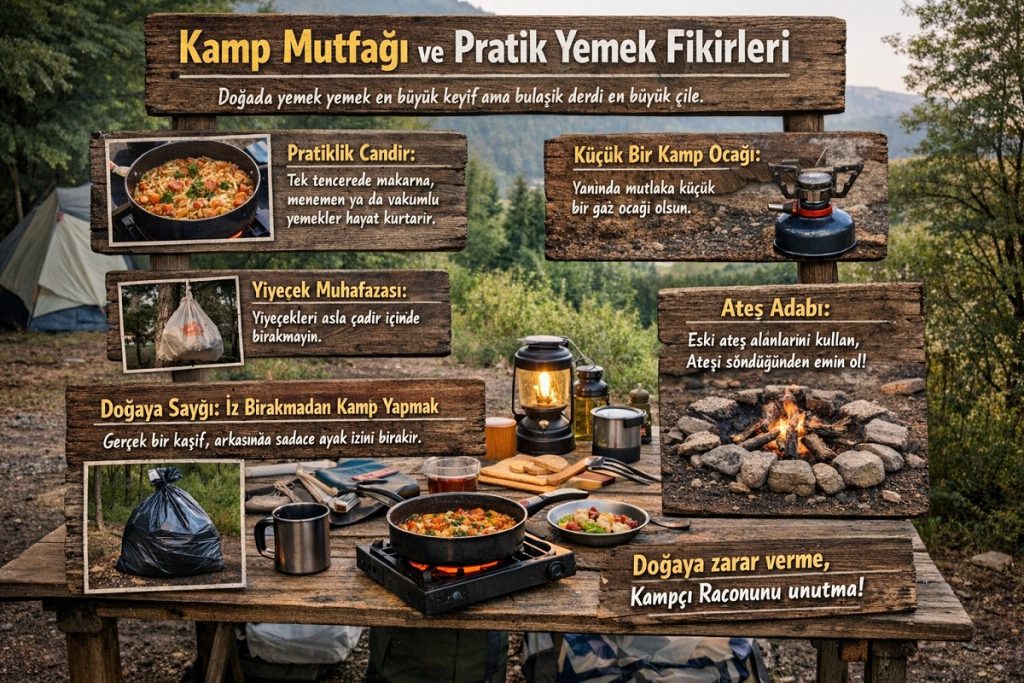 Kamp mutfağı düzeni, yiyecek saklama ve ateş adabı kurallarını içeren ahşap tabela.